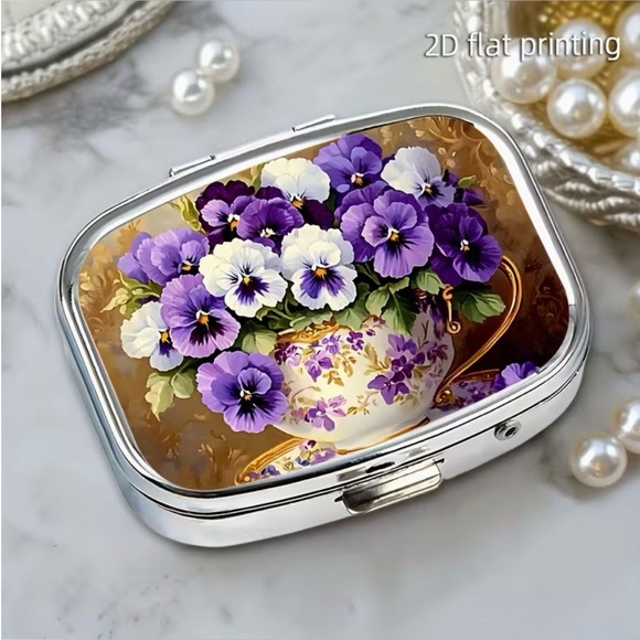 Pansy Floral Nature Inspired Pill Organizer 2-Compartment Compact Pill Case New - Picture 3 of 11
